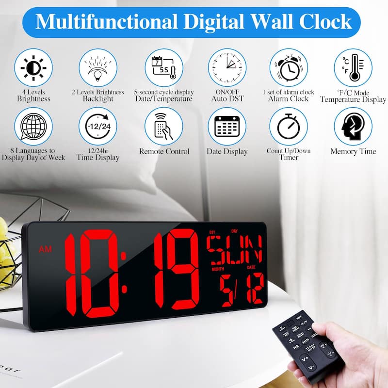 Relógio de parede CYMHCHL LED digital grande de 17,2 polegadas com